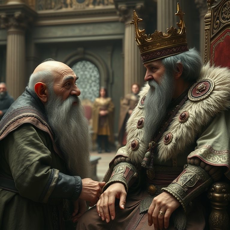 {"prompt":"an old dwarf with a black beard and a kind face is having an audience with an old human king in elegant clothes, throne room, nearby subjects following the conversation, fantasy","originalPrompt":"an old dwarf with a black beard and a kind face is having an audience with an old human king in elegant clothes, throne room, nearby subjects following the conversation, fantasy","width":768,"height":768,"seed":42,"model":"flux","enhance":false,"nologo":true,"negative_prompt":"undefined","nofeed":false,"safe":false,"quality":"medium","image":[],"transparent":false,"isMature":false,"isChild":false,"trackingData":{"actualModel":"flux","usage":{"candidatesTokenCount":1,"totalTokenCount":1}}}
